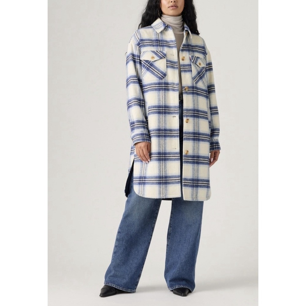 NWT Levi's Long Plaid Shacket Jacket S Blue Cream Wool Blend Cozy Gorpcore Outer